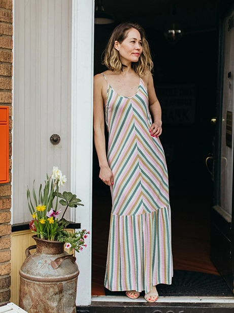 Go-To Dress Shop in Seattle: Self Contrast Amelia Striped Spaghetti Maxi Dress in Clover Rainbow